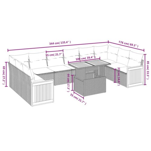 11-Piece Garden Sofa Set with Cushions Outdoor Patio Lounge Furniture Grey Poly Rattan - Image 3