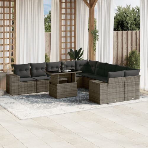 11-Piece Garden Sofa Set with Cushions Outdoor Patio Lounge Furniture Grey Poly Rattan - Image 2