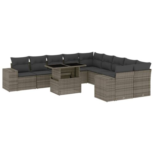 11-Piece Garden Sofa Set with Cushions Outdoor Patio Lounge Furniture Grey Poly Rattan - Image 13