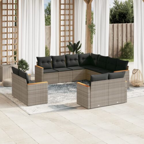 11-Piece Garden Sofa Set with Cushions Outdoor Patio Lounge Furniture Grey Poly Rattan - Image 2