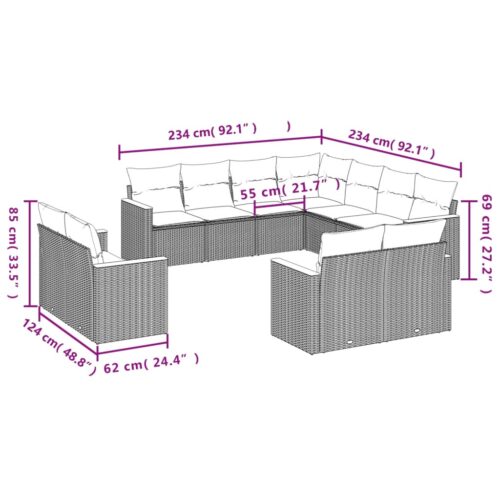 11-Piece Garden Sofa Set with Cushions Outdoor Patio Lounge Furniture Grey Poly Rattan - Image 7