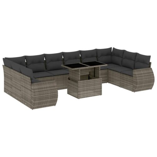 11-Piece Garden Sofa Set with Cushions Outdoor Patio Lounge Furniture Grey Poly Rattan - Image 13