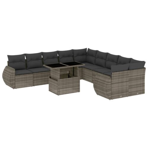 11-Piece Garden Sofa Set with Cushions Outdoor Patio Lounge Furniture Grey Poly Rattan