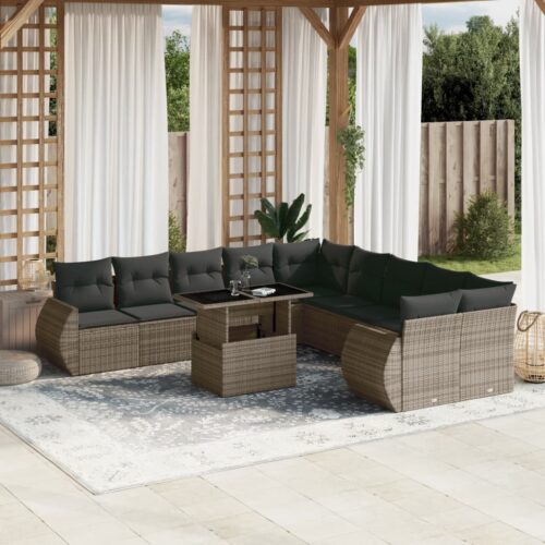 11-Piece Garden Sofa Set with Cushions Outdoor Patio Lounge Furniture Grey Poly Rattan - Image 2