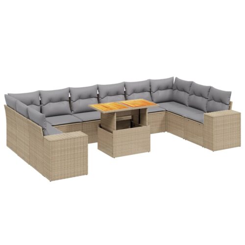 11-Piece Garden Sofa Set with Cushions Outdoor Patio Lounge Furniture Beige Poly Rattan