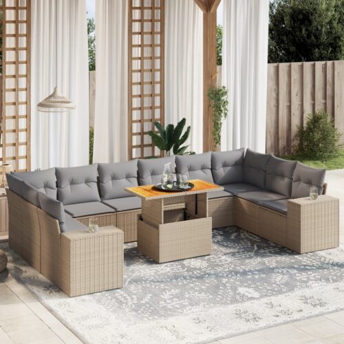 11-Piece Garden Sofa Set with Cushions Outdoor Patio Lounge Furniture Beige Poly Rattan - Image 2