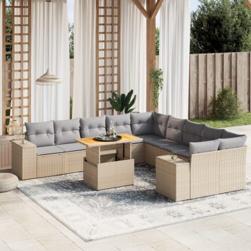 11-Piece Garden Sofa Set with Cushions Outdoor Patio Lounge Furniture Beige Poly Rattan - Image 2