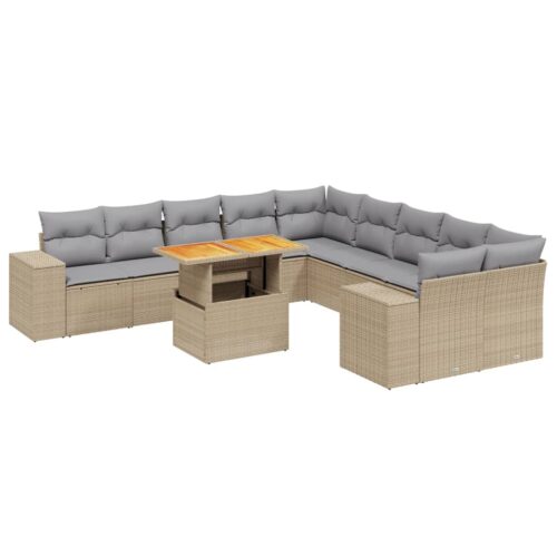 11-Piece Garden Sofa Set with Cushions Outdoor Patio Lounge Furniture Beige Poly Rattan - Image 5