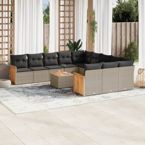 12-Piece Garden Sofa Set with Cushions Outdoor Patio Lounge Furniture Grey Poly Rattan - Image 2