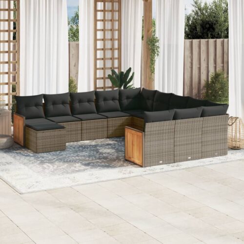 12-Piece Garden Sofa Set with Cushions Outdoor Patio Lounge Furniture Grey Poly Rattan - Image 2