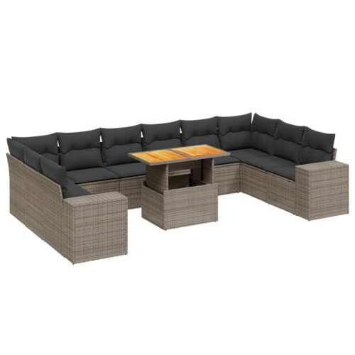 11-Piece Garden Sofa Set with Cushions Outdoor Patio Lounge Furniture Grey Poly Rattan - Image 5