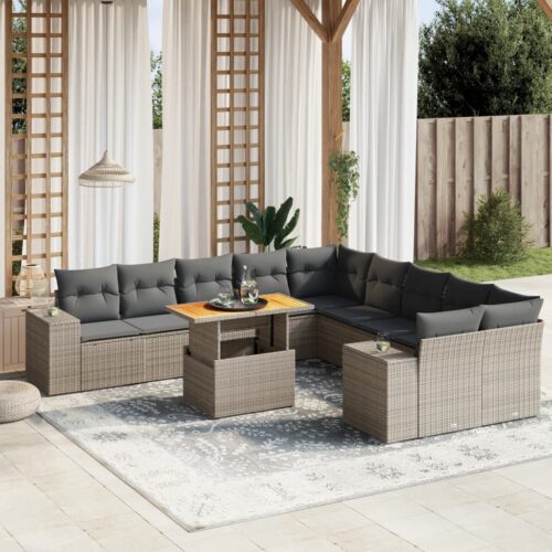 11-Piece Garden Sofa Set with Cushions Outdoor Patio Lounge Furniture Grey Poly Rattan - Image 2