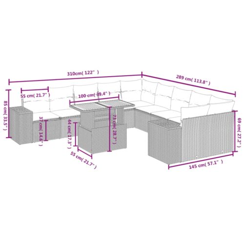 11-Piece Garden Sofa Set with Cushions Outdoor Patio Lounge Furniture Grey Poly Rattan - Image 3