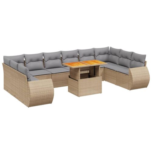 11-Piece Garden Sofa Set with Cushions Outdoor Patio Lounge Furniture Beige Poly Rattan