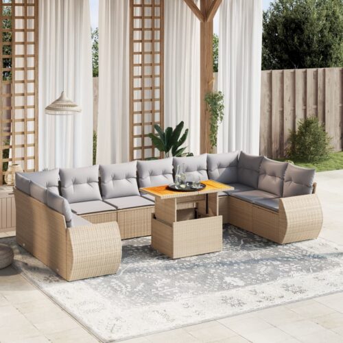 11-Piece Garden Sofa Set with Cushions Outdoor Patio Lounge Furniture Beige Poly Rattan - Image 2