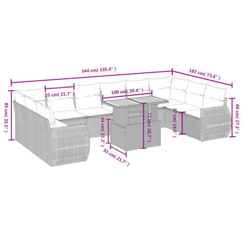 11-Piece Garden Sofa Set with Cushions Outdoor Patio Lounge Furniture Beige Poly Rattan - Image 3