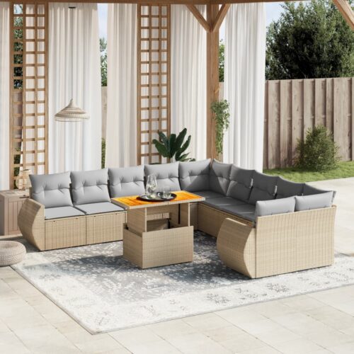 11-Piece Garden Sofa Set with Cushions Outdoor Patio Lounge Furniture Beige Poly Rattan - Image 2