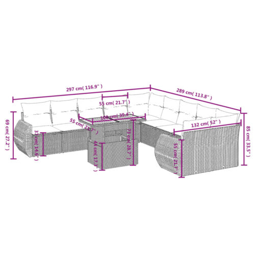 11-Piece Garden Sofa Set with Cushions Outdoor Patio Lounge Furniture Grey Poly Rattan - Image 3