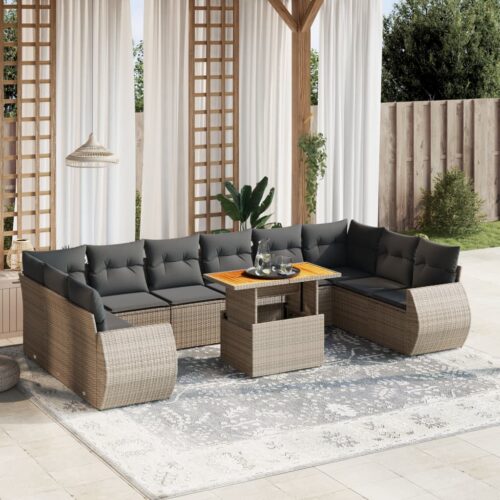 11-Piece Garden Sofa Set with Cushions Outdoor Patio Lounge Furniture Grey Poly Rattan - Image 2