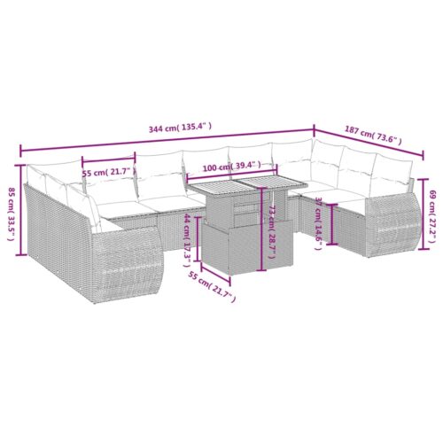 11-Piece Garden Sofa Set with Cushions Outdoor Patio Lounge Furniture Grey Poly Rattan - Image 3