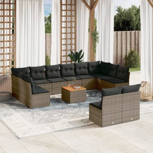 13-Piece Garden Sofa Set with Cushions Outdoor Patio Lounge Furniture Grey Poly Rattan - Image 2