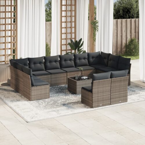13-Piece Garden Sofa Set with Cushions Outdoor Patio Lounge Furniture Grey Poly Rattan - Image 2
