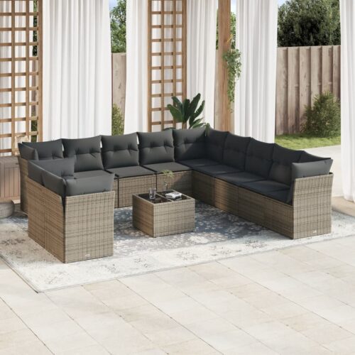 12-Piece Garden Sofa Set with Cushions Outdoor Patio Lounge Furniture Grey Poly Rattan - Image 2