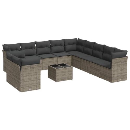 12-Piece Garden Sofa Set with Cushions Outdoor Patio Lounge Furniture Grey Poly Rattan - Image 5