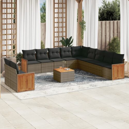 12-Piece Garden Sofa Set with Cushions Outdoor Patio Lounge Furniture Grey Poly Rattan - Image 2