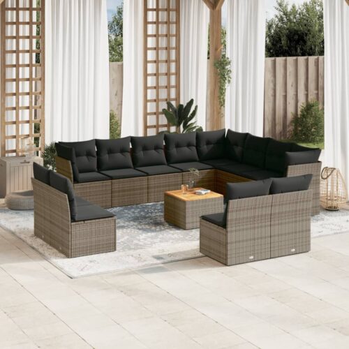 13-Piece Garden Sofa Set with Cushions Outdoor Patio Lounge Furniture Grey Poly Rattan - Image 2