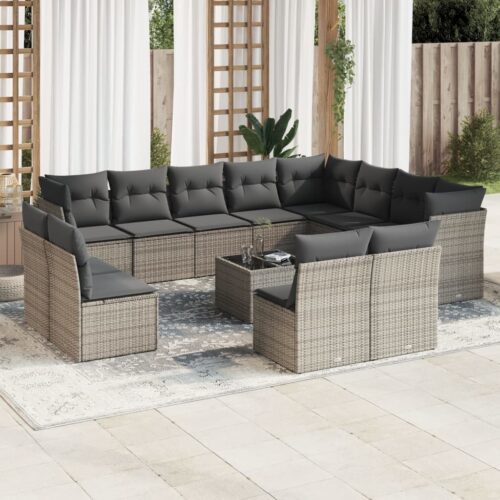 13-Piece Garden Sofa Set with Cushions Outdoor Patio Lounge Furniture Grey Poly Rattan - Image 2