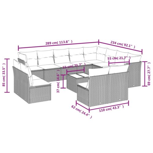 13-Piece Garden Sofa Set with Cushions Outdoor Patio Lounge Furniture Grey Poly Rattan - Image 3