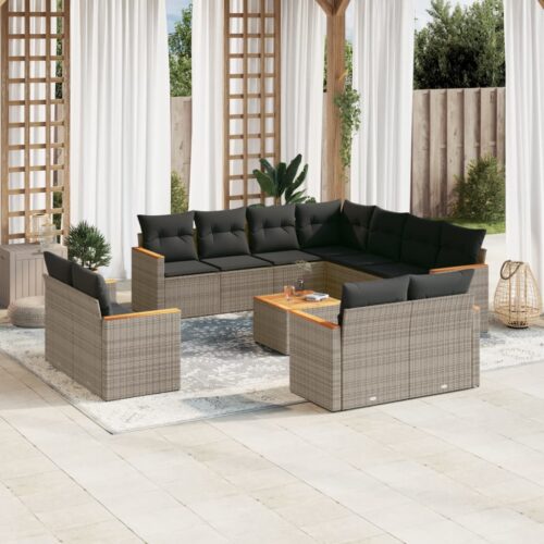 12-Piece Garden Sofa Set with Cushions Outdoor Patio Lounge Furniture Grey Poly Rattan - Image 2