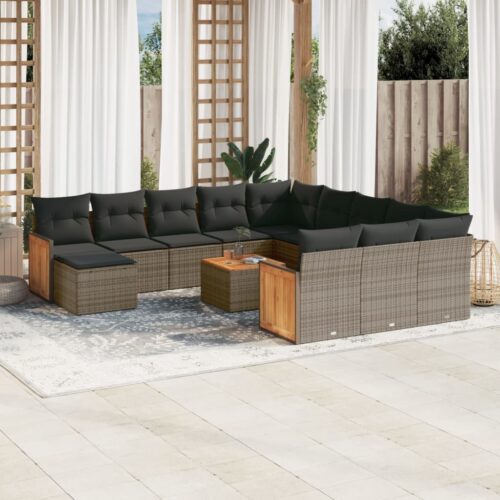 13-Piece Garden Sofa Set with Cushions Outdoor Patio Lounge Furniture Grey Poly Rattan - Image 2