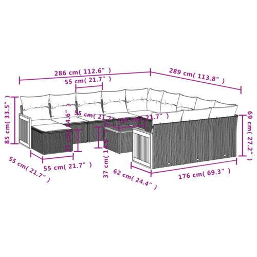 13-Piece Garden Sofa Set with Cushions Outdoor Patio Lounge Furniture Grey Poly Rattan - Image 9