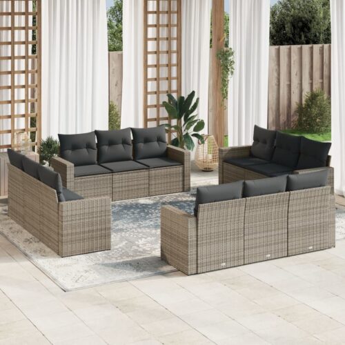 12-Piece Garden Sofa Set with Cushions Outdoor Patio Lounge Furniture Grey Poly Rattan - Image 2