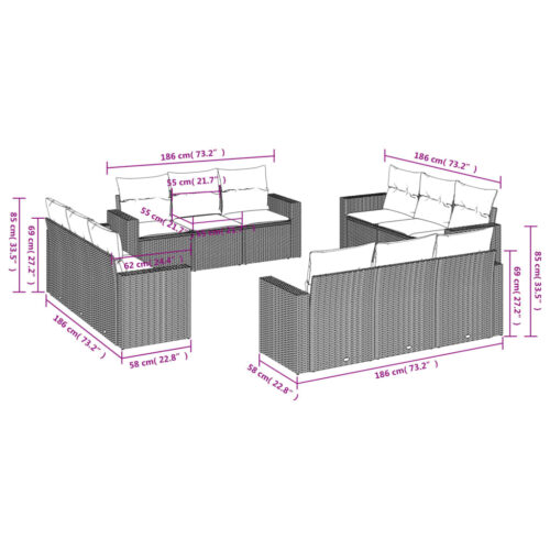 12-Piece Garden Sofa Set with Cushions Outdoor Patio Lounge Furniture Grey Poly Rattan - Image 3