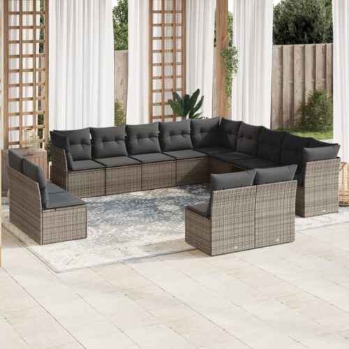 13-Piece Garden Sofa Set with Cushions Outdoor Patio Lounge Furniture Grey Poly Rattan - Image 2