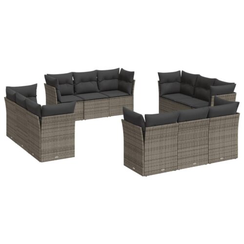 12-Piece Garden Sofa Set with Cushions Outdoor Patio Lounge Furniture Grey Poly Rattan