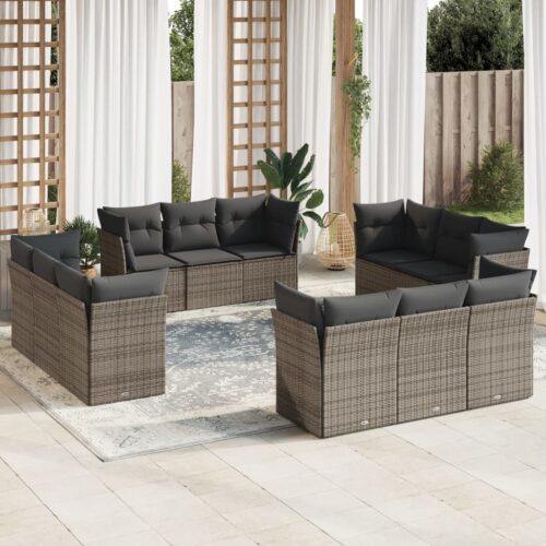 12-Piece Garden Sofa Set with Cushions Outdoor Patio Lounge Furniture Grey Poly Rattan - Image 2