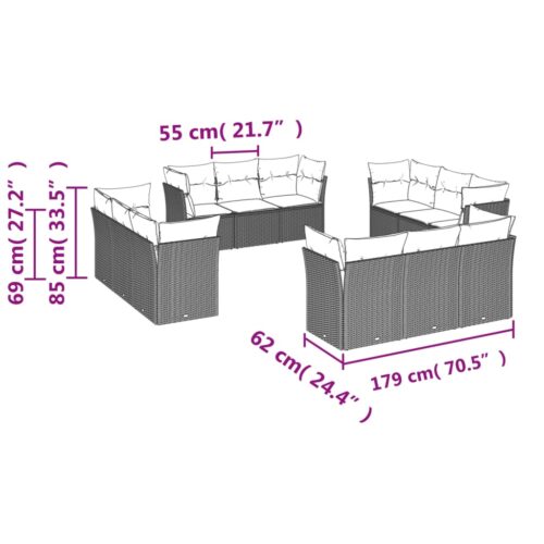 12-Piece Garden Sofa Set with Cushions Outdoor Patio Lounge Furniture Grey Poly Rattan - Image 3