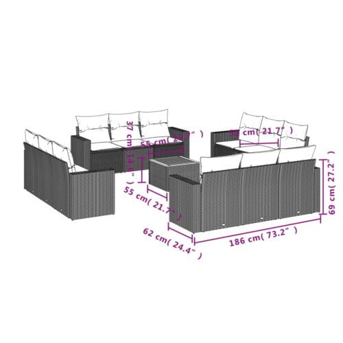 13-Piece Garden Sofa Set with Cushions Outdoor Patio Lounge Furniture Grey Poly Rattan - Image 3