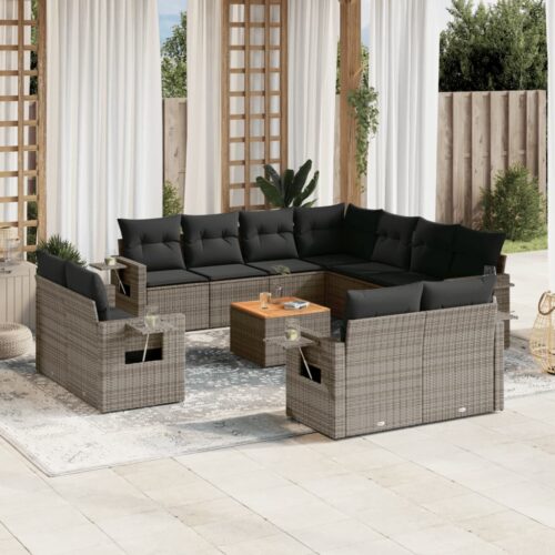 12-Piece Garden Sofa Set with Cushions Outdoor Patio Lounge Furniture Grey Poly Rattan - Image 2
