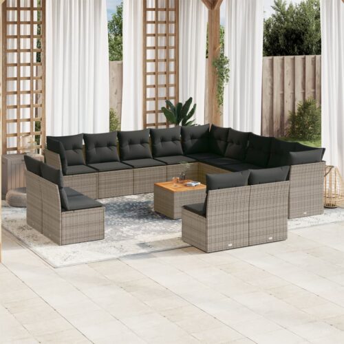14-Piece Garden Sofa Set with Cushions Outdoor Patio Lounge Furniture Grey Poly Rattan - Image 2