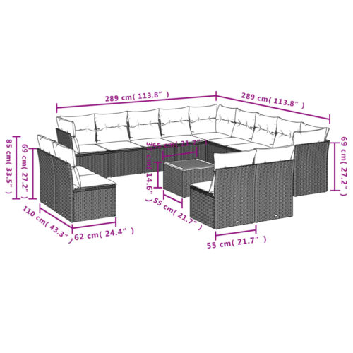 14-Piece Garden Sofa Set with Cushions Outdoor Patio Lounge Furniture Grey Poly Rattan - Image 3