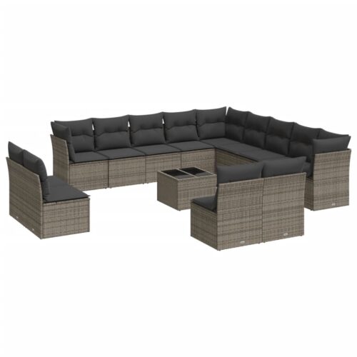 14-Piece Garden Sofa Set with Cushions Outdoor Patio Lounge Furniture Grey Poly Rattan