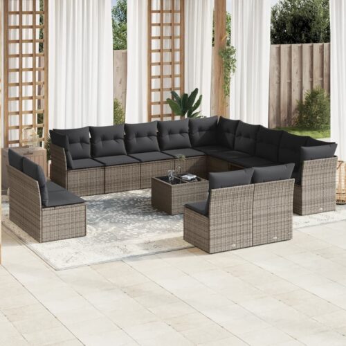 14-Piece Garden Sofa Set with Cushions Outdoor Patio Lounge Furniture Grey Poly Rattan - Image 2