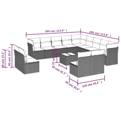 14-Piece Garden Sofa Set with Cushions Outdoor Patio Lounge Furniture Grey Poly Rattan - Image 3