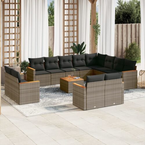 13-Piece Garden Sofa Set with Cushions Outdoor Patio Lounge Furniture Grey Poly Rattan - Image 2
