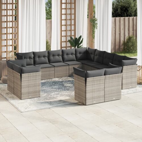 13-Piece Garden Sofa Set with Cushions Outdoor Patio Lounge Furniture Grey Poly Rattan - Image 2